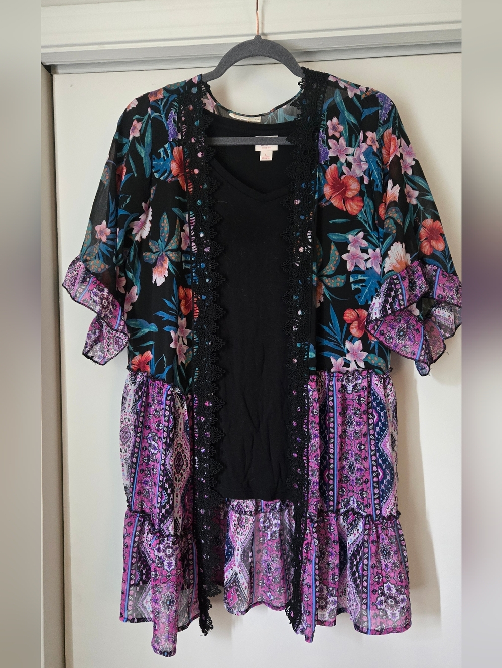 BlackTropical Floral & Purple Boho Open-Front Kimono Tunic